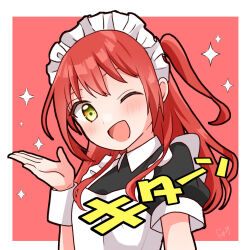 Rule 34 | 1girl, ;d, artist name, black dress, blush, bocchi the rock!, border, dress, fuyukusa 1, highres, kita ikuyo, long hair, looking at viewer, maid, maid headdress, one eye closed, open mouth, outside border, red background, red hair, short sleeves, smile, solo, white border, wrist cuffs
