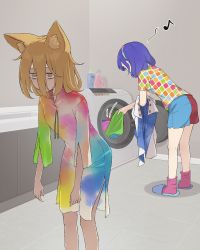 2girls alternate_color alternate_costume animal_ears blonde_hair blue_hair covered_mouth detergent fox_ears hair_between_eyes hairband highres kanpa_(campagne_9) kudamaki_tsukasa laundry long_sleeves multicolored_clothes multicolored_hairband multiple_girls musical_note rainbow_gradient ribbon romper short_hair surprised tenkyuu_chimata touhou washing_machine yellow_eyes