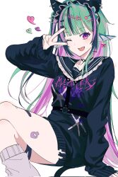 Rule 34 | 1girl, bandaid, bandaid on leg, black bandaid, black streaks, blunt bangs, chest harness, choker, earrings, fang, finana ryugu, finana ryugu (jirai kei), fins, fish girl, fish skeleton hair ornament, frilled sailor collar, frills, green hair, hair ornament, harness, head fins, highres, jewelry, jirai kei, lazd9cyxivwtltm, long hair, long sleeves, loose socks, multiple earrings, nijisanji, nijisanji en, o-ring, o-ring choker, one eye closed, purple bandaid, purple eyes, safety pin, sailor collar, scales, single sidelock, skin fang, socks, v, very long hair, x hair ornament