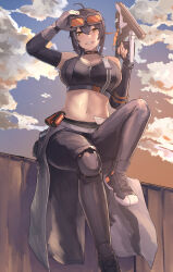 Rule 34 | 1girl, absurdres, adjusting goggles, arm up, asymmetrical gloves, belt, black choker, black gloves, black hair, black pants, black shoes, breasts, choker, cloud, crop top, foot out of frame, gloves, goggles, goggles on head, grace howard, grey gloves, grin, hand up, highres, holding, large breasts, leggings, looking at viewer, midriff, mismatched gloves, navel, orange eyes, oribito (dnwd3782), outdoors, pants, shoes, short hair, sitting, smile, solo, sports bra, stomach, weapon, zenless zone zero