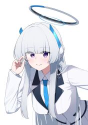 1girl blue_archive blue_necktie breasts collared_shirt grey_hair halo headgear highres jacket long_hair long_sleeves looking_at_viewer mechanical_halo medium_breasts necktie noa_(blue_archive) purple_eyes shirt solo upper_body watakaze white_background white_halo white_jacket white_shirt