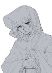 Rule 34 | 1boy, closed mouth, commentary, eyelashes, frown, greyscale, hair between eyes, hand up, harada mutei, highres, hood, hood up, jitome, keko (vs keko), long sleeves, male focus, medium hair, monochrome, red eyes, saibou shinkyoku, sanpaku, simple background, sketch, solo, spot color, upper body, white background, wide sleeves