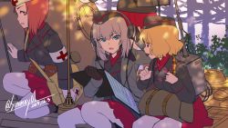 Rule 34 | 4girls, armband, bag, black gloves, black headwear, black jacket, black legwear, blonde hair, blue eyes, carrying, coat, combat medic, commentary, cross, dated, day, dress shirt, duffel bag, extra, garrison cap, girls und panzer, gloves, grey coat, hand on headphones, hat, headphones, highres, holding, holding notebook, insignia, itsumi erika, jacket, kuromorimine military uniform, long sleeves, looking at another, looking at viewer, medium hair, military, military hat, military uniform, military vehicle, miniskirt, motor vehicle, multiple girls, notebook, on one knee, on tank, one-hour drawing challenge, outdoors, panther (tank), pleated skirt, red cross, red shirt, red skirt, satchel, shinmai (kyata), shirt, silver hair, sitting, skirt, socks, standing, tank, throat microphone, tiger ii, twitter username, wing collar