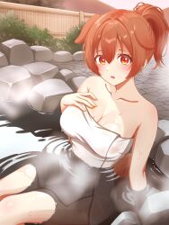 1girl animal_ears armpit_crease bare_shoulders breasts brown_hair cleavage collarbone commentary_request dog_ears dog_girl dog_tail extra_ears fang hand_on_own_chest high_ponytail highres hololive inugami_korone kamineko_(kamineko9675) large_breasts light_blush looking_at_viewer naked_towel onsen open_mouth orange_eyes partially_submerged ponytail solo steam sweat sweatdrop tail towel virtual_youtuber water wet