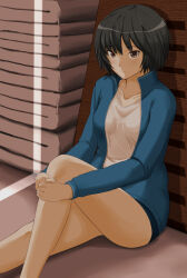 1girl absurdres amagami black_eyes black_hair blue_buruma blue_jacket buruma closed_mouth gym_shirt gym_storeroom gym_uniform hands_on_own_leg highres jacket looking_at_viewer mat nanasaki_ai on_floor saitou_shouki shirt short_hair sitting solo thighs track_jacket vaulting_horse white_shirt