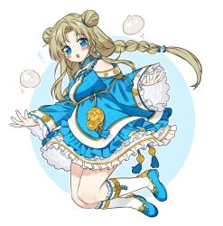 1girl blonde_hair blony_(mabinogi) blue_dress blue_eyes blue_shoes double_bun dress food frilled_skirt frills hair_bun highres lessojin mabinogi mandarin_collar shoes simple_background skirt steamed_bun