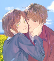 1boy 1girl absurdres black_jacket blue_sky brown_eyes brown_hair closed_mouth cloud cloudy_sky field flower flower_field green_eyes hbcommission hetero highres jacket long_hair looking_at_viewer luke_pearce_(tears_of_themis) outdoors red_sweater rosa_(tears_of_themis) shirt short_hair sky smile summer sunflower sunflower_field sweater tears_of_themis white_shirt