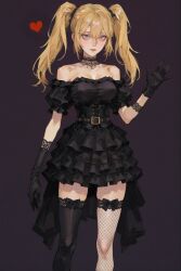 ani_(xai) belt black_corset black_dress black_gloves blonde_hair blue_eyes breasts choker corset dark_background dress fishnets gloves goth_fashion heart highres large_breasts mukurout short_dress twintails twitter