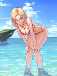 1girl absurdres bare_arms bare_legs bare_shoulders bent_over bikini blonde_hair blue_eyes breasts cleavage closed_mouth dungeon_and_fighter female_gunner_(dungeon_and_fighter) female_ranger_(dungeon_and_fighter) forehead hands_on_own_knees highres ksksksa looking_to_the_side medium_hair ocean red_bikini sidelocks solo swimsuit