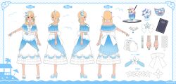 1girl back_bow blonde_hair blue_nails bow character_name commentary_request company_name copyright_notice dress elf elfriend_(shiranui_flare) flower frilled_dress frills full_body hair_flower hair_ornament hair_over_shoulder high_heel_sandals highres hololive holonatsu_paradise layered_dress low_twintails medium_hair menu_board multicolored_hair multiple_views nail_polish off-shoulder_dress off_shoulder official_alternate_costume official_alternate_hairstyle official_art pointy_ears reference_sheet sandals shiranui_flare shiranui_flare_(holonatsu_paradise) streaked_hair suraimu_(suraimuraimu) turnaround twintails virtual_youtuber white_bow white_dress white_hair