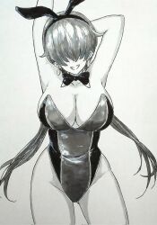 1girl arms_up bodysuit bow bowtie curvy earrings female_focus gyupolo9 jewelry leotard long_hair pale_skin playboy_bunny rabbit rabbit_ears shermie_(kof) shiny_clothes smile smiley_face standing the_king_of_fighters thick_thighs thighs twintails wide_hips
