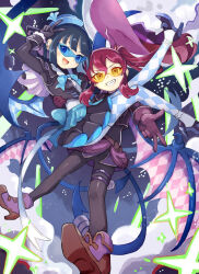 2girls black_gloves black_skirt blue_bow blue_eyes blush boots bow breasts checkered_clothes checkered_legwear demon_girl demon_tail demon_wings duel_monster evil_twin_ki-sikil evil_twin_lil-la glasses gloves hand_on_another&#039;s_back hat high_heels ishii_(young-moon) ki-sikil_(yu-gi-oh!) lil-la_(yu-gi-oh!) long_hair long_sleeves looking_at_viewer medium_breasts moon multiple_girls open_mouth pink_gloves pink_hair skirt smile sunglasses tail teeth v wings yu-gi-oh!