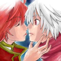2boys assassin_cross_(ragnarok_online) blue_background capelet closed_eyes commentary_request hand_on_another&#039;s_chin imminent_kiss koma_mama looking_at_another male_focus multiple_boys open_mouth ragnarok_online red_capelet red_eyes red_hair red_scarf scarf short_hair white_hair yaoi