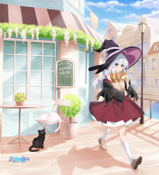Rule 34 | 1girl, ahoge, black cat, black hat, blue sky, bow, braid, brown shoes, cat, closed mouth, elaina (majo no tabitabi), food, full body, grey hair, hair between eyes, hair bow, hat, kneehighs, long hair, long sleeves, looking at viewer, majo no tabitabi, official art, outdoors, shoes, sky, smile, socks, solo, tongue, tongue out, walking, white cat, white socks, witch, witch hat