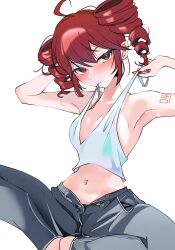 1girl arm_tattoo armpits arms_up bare_shoulders blush breasts clothes_pull commentary commentary_request denim feet_out_of_frame highres ichill_okuzaki jeans kasane_teto medium_breasts narrow_waist navel out_of_frame pants red_eyes red_hair ringlets shirt_pull sideboob simple_background solo tattoo twintails upper_body utau v-neck white_background
