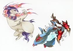 dual_wielding facial_hair fang fire floating fur ghost highres hisuian_form hisuian_samurott hisuian_typhlosion holding holding_weapon nintendo no_humans pointing pokemon purple_fire red_eyes sweet_sardine sword weapon whiskers white_background