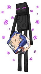 1girl 1other :&lt; alternate_form blue_hair blush_stickers bodysuit boxification breasts carrying carrying_person crossover forced full_body high_ponytail minecraft moaning parody ponytail pun red_eyes rolling_eyes sweat taimanin_(series) taimanin_asagi taimanun tears trait_connection transparent_background v what yatsu_murasaki