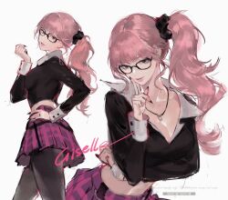 1girl aespa artist_name_(singer) black_nails black_pantyhose blunt_bangs cowboy_shot crop_top giselle_(aespa) glasses hand_on_own_hip hashtag-only_commentary highres jewelry k-pop looking_at_viewer looking_back multiple_views necklace pantyhose pink_hair purple_skirt real_life ring side_ponytail sidelocks simple_background skirt white_background zhanzhan_lan