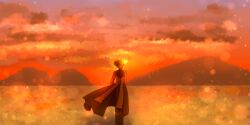 1boy arms_behind_back asymmetrical_bangs black_coat blurry bokeh brown_coat brown_pants closed_eyes closed_mouth cloud coat commentary_request dated_commentary depth_of_field earrings full_body high_priest_(ragnarok_online) jewelry long_sleeves male_focus mountainous_horizon multicolored_coat orange_sky outdoors pants ragnarok_online red_coat sharari short_hair sky smile solo standing sunset two-tone_coat white_coat wide_shot