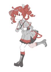 1girl absurdres ahoge anmi_(xinggansiyu) black_boots boots closed_mouth drill_hair expressionless full_body grey_jacket grey_ribbon grey_skirt hair_between_eyes hair_ribbon highres jacket kasane_teto kasane_teto_(sv) kneehighs lace-up_boots long_sleeves pale_skin red_eyes red_hair red_socks ribbon running simple_background sketch skirt socks solo synthesizer_v twin_drills utau white_background