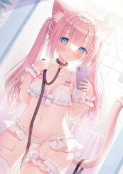 1girl absurdres animal_collar animal_ear_fluff animal_ears blue_eyes blush bra breasts cat_ears cat_girl cat_tail closed_mouth collar collarbone commentary_request cowboy_shot dated detached_sleeves frilled_bra frilled_thigh_strap frilled_wrist_cuffs frills garter_straps gluteal_fold groin hair_ornament hair_ribbon heart heart_hair_ornament highres holding_own_leash indoors leash lingerie long_hair looking_at_viewer mirror_selfie navel omochi_monaka original panties pink_hair pink_tail reflection reflection_focus ribbon selfie short_sleeves signature small_breasts solo stomach sunlight tail thigh_strap thighhighs twintails twitter_username underwear white_bra white_panties white_ribbon white_thighhighs window wrist_cuffs