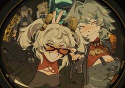 4girls anger_vein black_helmet blonde_hair blush border breasts burnice_white caesar_king_(zenless_zone_zero) cleavage closed_mouth combat_helmet fingerless_gloves fingernails fisheye gloves goggles goggles_around_neck green_hair hair_between_eyes hair_intakes helmet highres jacket large_breasts leaning_forward long_hair long_sleeves looking_at_viewer looking_over_eyewear looking_to_the_side luciana_de_montefio multiple_girls nose_blush one_eye_closed open_clothes open_jacket open_mouth peephole pickelhaube piper_wheel pov_peephole red-tinted_eyewear red_eyes rizsnt round_border side_ponytail smile sunglasses tinted_eyewear two_side_up v v-shaped_eyebrows yawning yellow_eyes zenless_zone_zero