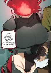 1boy 1girl absurdres armor breasts dullahan fire gomulgong grabbing_another&#039;s_arm headless highleg highleg_leotard highres large_breasts leotard monster_girl original
