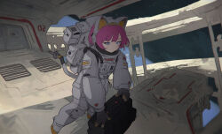 Rule 34 | 1girl, animal ear headphones, animal ears, astronaut, baggy clothes, bespin, black gloves, blue eyes, blunt bangs, cable, cable tail, cat ear headphones, fake animal ears, gloves, headphones, in orbit, jumpsuit, mechanical tail, original, pink hair, planet, science fiction, short hair, space, space station, spacecraft, spacesuit, swept bangs, tail, twitter username, white jumpsuit, zero gravity
