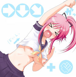 &gt;_&lt; 1girl :d bad_id bad_pixiv_id breasts capcom closed_eyes command_input dutch_angle fang fangs female_focus gameplay_mechanics hana hana_(pangya) heart kotatsu_(kotatsu3) large_breasts long_hair navel nipple_slip nipples no_bra open_mouth original pangya parody pink_hair ponytail school_uniform serafuku shouryuuken smile solo street_fighter translated underboob uppercut wardrobe_malfunction xd