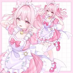 Rule 34 | 1girl, :3, :d, ahoge, animal ear fluff, animal ears, animal print, apron, asymmetrical legwear, back bow, bell, belt buckle, belt collar, blush, border, bow, bow apron, bow legwear, buckle, cat ears, cat ornament, cat print, center-flap bangs, choker, cocoa moca, collar, commission, double-parted bangs, double v, dress, fingernails, floating hair, frilled apron, frilled dress, frilled socks, frills, full body, grid background, hair bow, hair intakes, hands up, heart, heart apron, heart in eye, highres, indie virtual youtuber, leg up, long hair, looking at viewer, maid apron, maid headdress, mary janes, multiple hair bows, nail polish, neck bell, open mouth, otoufu tea, pink border, pink bow, pink choker, pink dress, pink eyes, pink hair, pink nails, pink shoes, plaid clothes, plaid dress, puffy short sleeves, puffy sleeves, shoes, short dress, short sleeves, sidelocks, skindentation, smile, socks, square neckline, standing, standing on one leg, symbol in eye, thighhighs, v, virtual youtuber, white apron, white bow, white socks, zoom layer