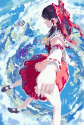 1other 2girls absurdres ascot black_eyes black_hair blonde_hair bloomers bow broom broom_riding closed_mouth cloud commentary detached_sleeves floating frilled_bow frilled_hair_tubes frills hair_bow hair_tubes hakurei_reimu hat highres holding_hands kirisame_marisa long_hair mary_janes multiple_girls multiple_torii red_bow red_skirt ribbon-trimmed_sleeves ribbon_trim shoes skirt skirt_set smile socks star_(symbol) torii touhou underwear white_bloomers white_socks witch_hat yautja yellow_ascot