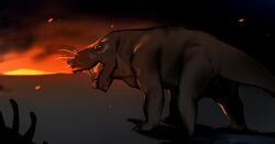 absurdres animal_focus blurry blurry_background combos_&amp;_doodles depth_of_field embers fire gorgonopsian highres looking_at_viewer looking_back no_humans open_mouth original sharp_teeth solo teeth