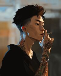 Rule 34 | 1boy, arm tattoo, black eyes, black hair, black shirt, bracelet, cigarette, commentary, from side, hand tattoo, highres, holding, holding cigarette, jewelry, male focus, multiple rings, neck tattoo, necklace, original, outdoors, profile, ring, sam yang, shirt, short hair, smoking, solo, tattoo