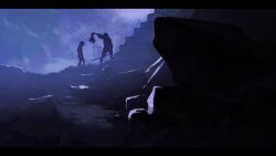 2boys holding holding_sword holding_weapon multiple_boys night night_sky original painting_(medium) rubble ruins scenery shadow silhouette sky slow_d stairs sword traditional_media weapon