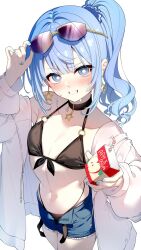 Rule 34 | 1girl, adjusting eyewear, alternate costume, bikini, black bikini, black choker, blue eyes, blue hair, blue nails, blue shorts, blush, bright pupils, center-flap bangs, choker, clenched teeth, commentary, darjeeling (reley), denim, denim shorts, double-parted bangs, earrings, eyewear on head, flat chest, front-tie bikini top, front-tie top, halterneck, hand up, highleg, highleg bikini, highres, holding, holding milk carton, hololive, hood, hooded jacket, hoshimachi suisei, jacket, jewelry, looking at viewer, medium hair, milk carton, multi-strapped bikini bottom, nail polish, navel, o-ring, o-ring bikini, open fly, short shorts, shorts, side ponytail, solo, star (symbol), star earrings, star in eye, stomach, sunglasses, swimsuit, symbol-only commentary, symbol in eye, teeth, virtual youtuber, white jacket, white pupils