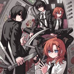 1boy 1girl absurdres black_hair black_jacket black_necktie black_pants black_suit blood blood_splatter blue_eyes bullet closed_mouth collared_shirt commission dice empty_eyes exit_sign formal_clothes gun hair_ornament hairclip hand_tattoo hands_up highres holding holding_dice holding_gun holding_weapon indoors jacket locker long_sleeves looking_at_viewer meremero multiple_views necktie original pants red_hair second-party_source shirt short_hair sitting smile standing suit tattoo weapon white_shirt x_hair_ornament