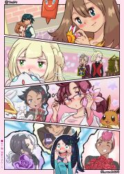 alolan_form alolan_vulpix amethio_(pokemon) ash_ketchum badge blonde_hair blue_eyes blunt_bangs blush book book_stack brown_hair caroline_(pokemon) chloe_(pokemon) cinderace creatures_(company) eevee embarrassed fingernails flower friede_(pokemon) game_freak gen_1_pokemon gen_4_pokemon gen_7_pokemon gen_8_pokemon gladion_(pokemon) goh_(pokemon) green_eyes h_renah hair_flower hair_ornament hairclip hands_on_own_face highres holding holding_pokemon legendary_pokemon liko_(pokemon) lillie_(pokemon) long_hair may_(pokemon) mew_(pokemon) mythical_pokemon nintendo pink-framed_eyewear pokemon pokemon_(anime) pokemon_(creature) pokemon_horizons pokemon_journeys pokemon_rse_(anime) pokemon_sm_(anime) red_hair rotom rotom_phone roy_(pokemon) sigh smile speech_bubble sweat thought_bubble