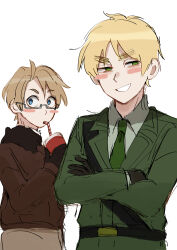 2boys absurdres ahoge america_(hetalia) axis_powers_hetalia belt black_belt black_gloves blonde_hair blue_eyes blush_stickers brown_hair brown_jacket brown_pants collared_shirt commentary_request crossed_arms cup disposable_cup drinking drinking_straw from_side fur-trimmed_jacket fur_trim glasses gloves green_eyes green_jacket green_necktie green_shirt grey-framed_eyewear hand_up highres holding holding_cup jacket lapels long_sleeves looking_at_viewer male_focus military_jacket military_uniform multiple_boys necktie pants puffy_long_sleeves puffy_sleeves semi-rimless_eyewear shirt short_hair simple_background smile standing teeth united_kingdom_(hetalia) user_ftnd8885 v-shaped_eyebrows white_background