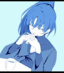 1girl ado_(utaite) blue_hair breasts cleavage cleavage_cutout clothing_cutout commentary_request cup earrings grey_background jewelry long_sleeves naima_(ado) ohiyaglass one_eye_closed ponytail revision simple_background solo usseewa