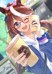 1girl ;d absurdres alternate_costume animal_ears blue_eyes blue_hoodie borumete bow brown_hair coffee cup disposable_cup drawstring drinking_straw dutch_angle glasses hair_bow high_ponytail highres holding hood hoodie horse_ears horse_girl long_hair long_sleeves looking_at_viewer multicolored_hair one_eye_closed open_mouth pink_bow ponytail red-framed_eyewear religious_offering semi-rimless_eyewear smile solo streaked_hair tokai_teio_(umamusume) umamusume upper_body white_hair