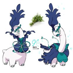 aqua_eyes closed_eyes commentary creatures_(company) fakemon ffccll game_freak gen_2_pokemon green_pupils highres meganium multiple_views nintendo no_humans open_mouth pokemon pokemon_(creature) pokemon_focus standing tongue white_background