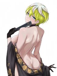 1girl absurdres ass black_choker blue_eyes choker from_behind green_hair hand_fan highres holding holding_fan izumo_tenka japanese_clothes kamanriderkyoka kimono looking_at_viewer looking_back mato_seihei_no_slave simple_background smile solo white_background