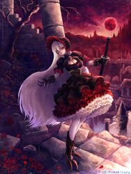 1girl black_dress bonnet breasts claws cleavage commentary_request dress fantasy flower frilled_dress frills full_body gothic_lolita heterochromia highres katana lolita_fashion long_hair medium_breasts moon multicolored_dress original red_eyes red_flower red_moon red_rose rose ruins solo sword taitannsouru tree very_long_hair weapon white_hair yellow_eyes