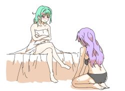 2girls aqua_hair bare_shoulders bite_mark bite_mark_on_shoulder black_bra black_panties blunt_bangs blush bra collarbone commentary_request covering_privates crossed_legs hickey highres long_hair looking_at_another love_live! love_live!_superstar!! multiple_girls necosaghi nose_blush nude_cover on_bed onitsuka_tomari panties purple_hair red_eyes seiza sidelocks sitting squeans sweat underwear underwear_only v-shaped_eyebrows wavy_hair wien_margarete yuri