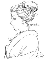 Rule 34 | 1girl, artist request, expressionless, from side, highres, japanese clothes, kimono, monochrome, tagme