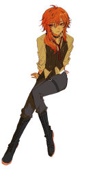 1girl absurdres amaotome black_boots black_choker black_pants black_vest boots choker closed_mouth collared_shirt commentary_request full_body highres invisible_chair kazami_kuku kazami_kuku_(5th_costume) long_hair long_sleeves looking_afar nanashi_inc. necktie orange_eyes orange_hair pants red_necktie shirt simple_background sitting sleeves_rolled_up solo vest white_background white_shirt