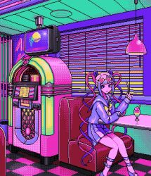 1girl blue_bow blue_eyes blue_hair bow ceiling_light chouzetsusaikawa_tenshi-chan commentary commentary_request diner eencya english_commentary eyewear_on_head food hair_bow heart heart-shaped_eyewear indoors jukebox limited_palette long_hair looking_at_viewer multicolored_hair multiple_hair_bows needy_girl_overdose parfait pink_bow pink_hair pixel_art pleated_skirt quad_tails sailor_collar school_uniform serafuku sitting skirt solo table television tile_floor tiles very_long_hair window_blinds yellow_bow