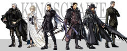 10s 1girl 5boys age_comparison ardyn_izunia beard black_hair cane cape decoponmagi dual_persona dual_wielding facial_hair final_fantasy final_fantasy_xv fingerless_gloves gloves hat highres holding kingsglaive:_final_fantasy_xv knife long_hair lunafreya_nox_fleuret multiple_boys mustache nyx_ulric regis_lucis_caelum stubble sword titus_drautos weapon