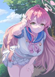 1girl ahoge blue_archive braid breasts commentary green_eyes hair_between_eyes halo hanako_(blue_archive) hand_on_lap hand_up highres large_breasts leaning_forward long_hair looking_at_viewer miniskirt neckerchief outdoors pink_hair pink_halo pink_neckerchief pleated_skirt school_uniform serafuku shirt shrimp1634 side_braid single_braid skirt smile solo thighs white_shirt white_skirt