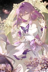 1girl alternate_costume bare_shoulders breasts butterfly_ornament castorice_(honkai:_star_rail) castorice_(star_rail_live_2025)_(honkai:_star_rail) commentary_request dress earrings highres honkai:_star_rail honkai_(series) indai_(3330425) jewelry long_hair necklace parted_lips pearl_necklace pointy_ears purple_eyes purple_hair purple_nails solo tiara white_dress